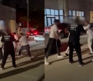 Screenshots from a video in which a group of men attack a group of LGBTQ+ women, who are mostly lesbians and a trans woman, on the streets of Miami Florida