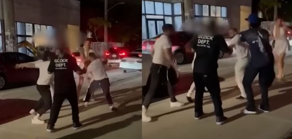 Screenshots from a video in which a group of men attack a group of LGBTQ+ women, who are mostly lesbians and a trans woman, on the streets of Miami Florida