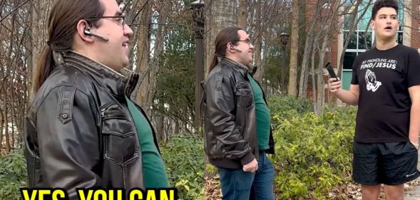 Screenshots from a viral TikTok video where a person with a ponytail is in a 'debate' with a conservative about LGBTQ+ rights and economic stability. In one panel, the individual says "yes you can" with the words below them. The next panel shows the conservative frustrated with the stranger