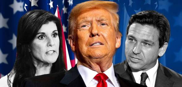 A graphic composed of 2024 Republican presidential candidates Donald Trump, Ron DeSantis and Nikki Haley as they stand in front of red, white and blue US flags