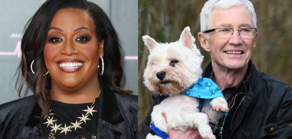 Alison Hammond (left) and Paul O'Grady (right) holding a dog