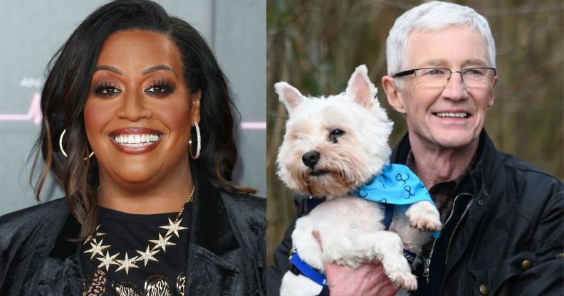 Alison Hammond (left) and Paul O'Grady (right) holding a dog