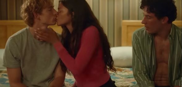 Zendaya kisses Mike Feist as Josh O'Connor watches on in the Challengers trailer.