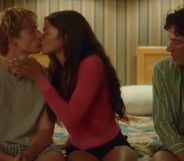 Zendaya kisses Mike Feist as Josh O'Connor watches on in the Challengers trailer.