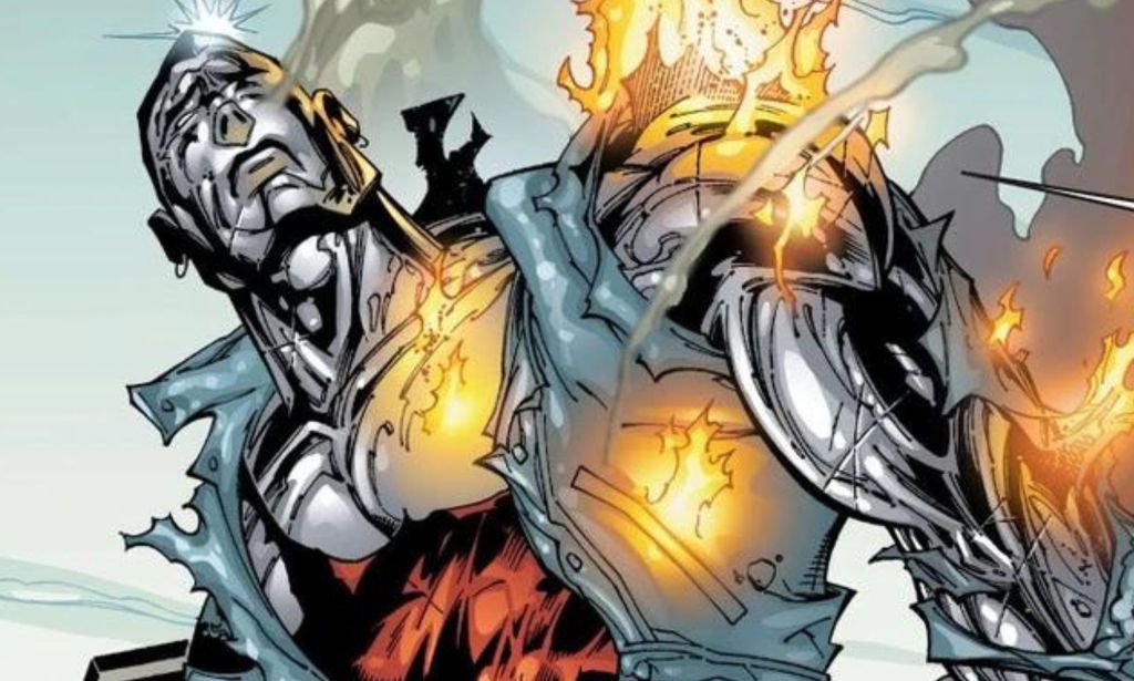 An illustrated picture of a metal man on fire.