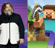 A side by side image of Jack Black and Steve from Minecraft. Jack Black is on the left, wearing a Black and white block shirt, speaking at an award show. On the right is Steve from Minecraft holding a pickaxe.