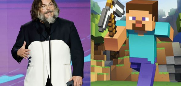 A side by side image of Jack Black and Steve from Minecraft. Jack Black is on the left, wearing a Black and white block shirt, speaking at an award show. On the right is Steve from Minecraft holding a pickaxe.