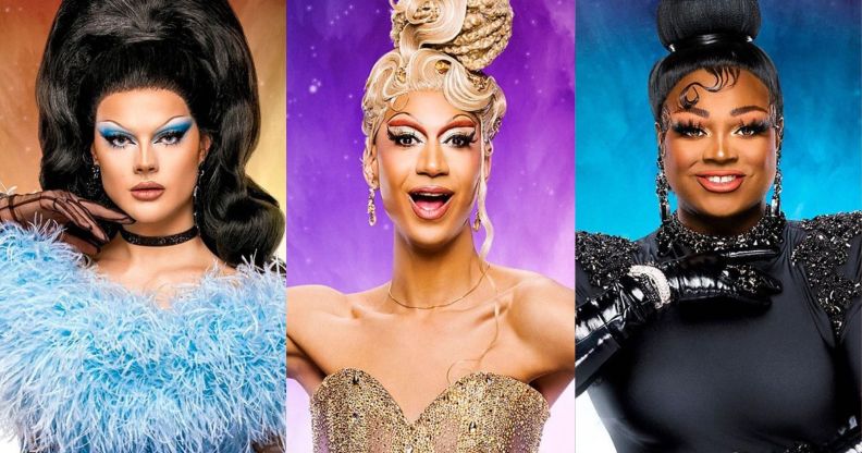 Left-right: Gothy Kendoll, Tia Kofi and Mayhem Miller in promotional cast images for RuPaul's Drag Race UK vs the World season two