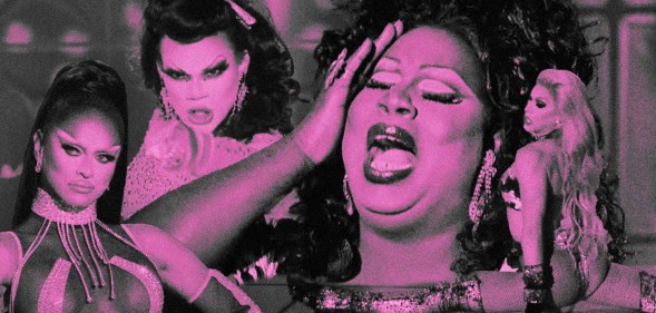 An image featuring Sasha Colby, Chi Chi Devayne, Latrice Royale and Brooke Lynn Heights lip-syncing on Drag Race.