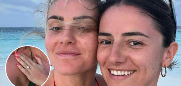 Matildas footballer star Ellie Carpenter (left) with partner Danielle van de Donk (right) and an inset picture of an engagement ring