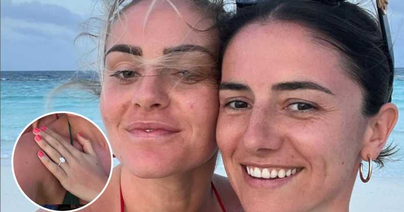 Matildas footballer star Ellie Carpenter (left) with partner Danielle van de Donk (right) and an inset picture of an engagement ring