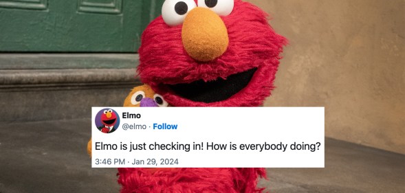Image shows red Sesame Street puppet Elmo sitting on some steps with a superimposed caption that reads: Elmo is just checking in! How is everybody doing?