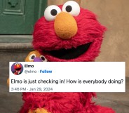 Image shows red Sesame Street puppet Elmo sitting on some steps with a superimposed caption that reads: Elmo is just checking in! How is everybody doing?