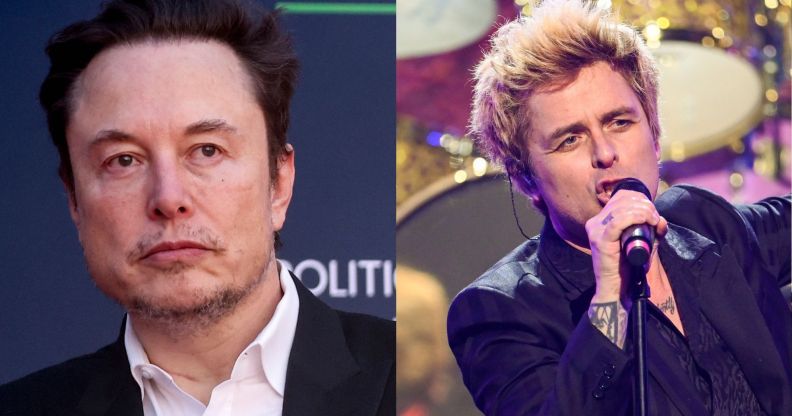 Elon Musk (left) and Green Day singer Billie Joe Armstrong (right) performing on New Year's Eve 2023, where he called out Donald Trump with a MAGA lyric