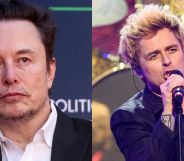 Elon Musk (left) and Green Day singer Billie Joe Armstrong (right) performing on New Year's Eve 2023, where he called out Donald Trump with a MAGA lyric