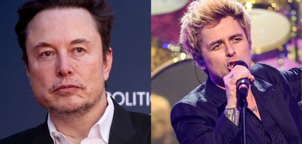 Elon Musk (left) and Green Day singer Billie Joe Armstrong (right) performing on New Year's Eve 2023, where he called out Donald Trump with a MAGA lyric