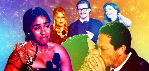 Left-right: Ayo Edebiri, Jennifer Coolidge, Pedro Pascal and Lux Pascal, along with The Bear stars Ebon Moss-Bachrach and Matty Matheson kissing at the 2024 Emmy Awards