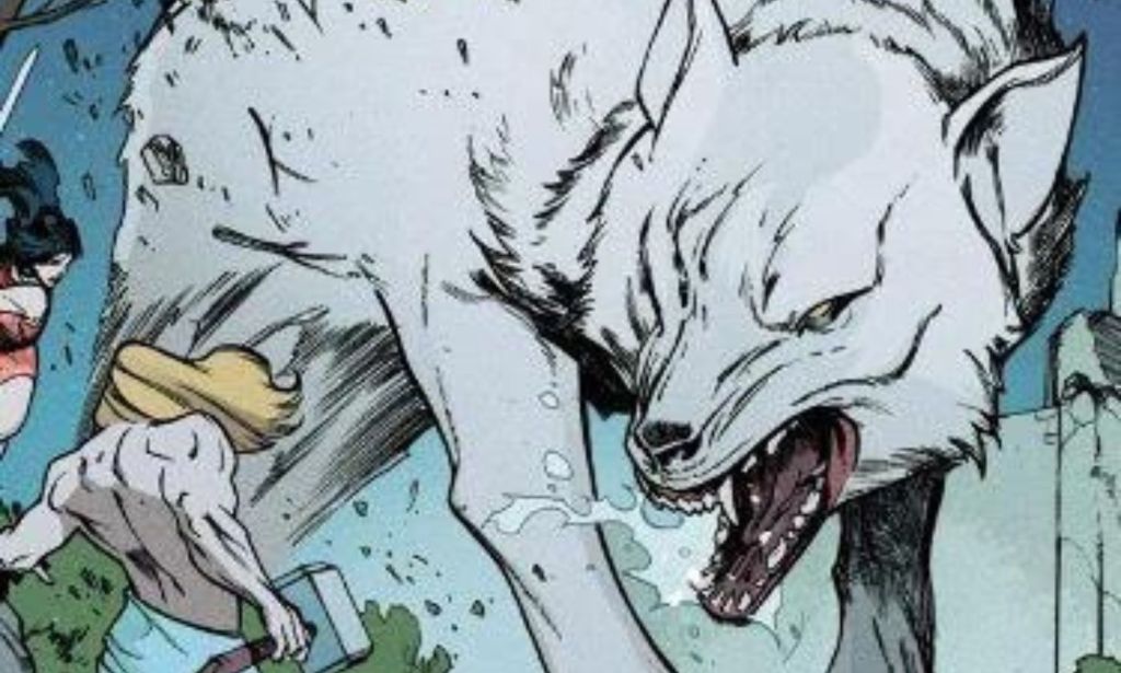 A giant wolf, illustrated, attacks a nearby superhero.