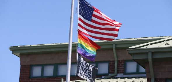 The ban prevents Pride and Black Lives Matter flags in schools and state buildings. (Photo by Jonathan Wiggs/The Boston Globe via Getty Images)