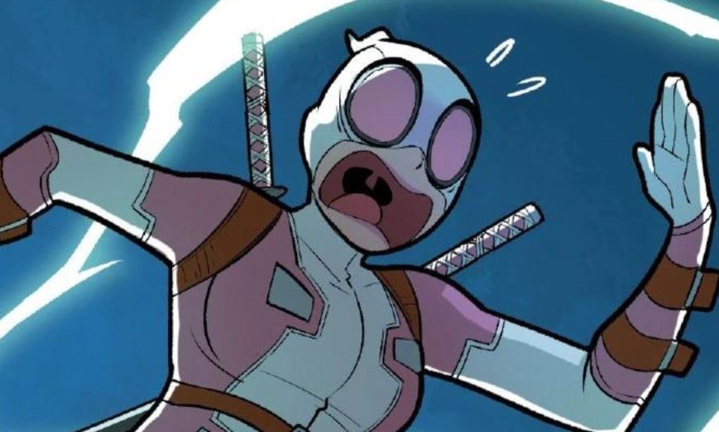 Gwenpool pictured screaming at some lightning, illustrated.