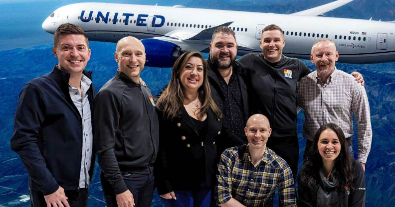 This is a collage image of a diverse group of people with a United airplane in the background.