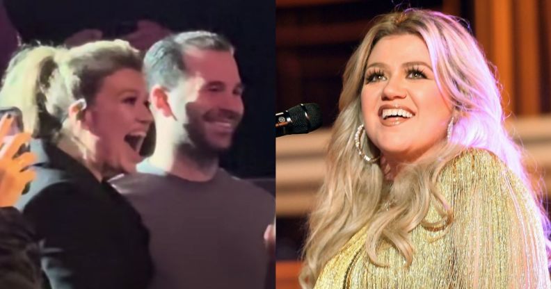 Kelly Clarkson helping to marry a gay couple during her las Vegas residency show and (right) singing into a microphone while wearing a gold dress