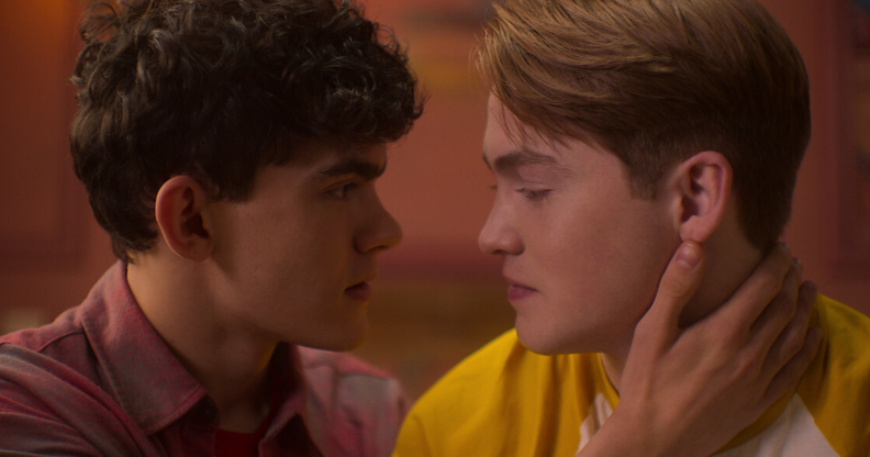 Joe Locke as Charlie and Kit Connor as Nick in Heartstopper on Netflix. Charlie and Nick about to kiss.