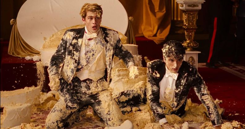 Nicholas Galitzine as Prince Henry and Taylor Zakhar Perez as Alex Claremont-Diaz in Red, White & Royal Blue.