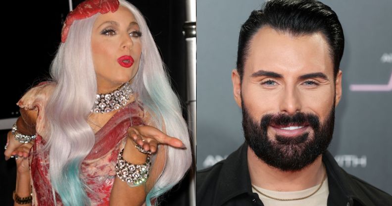 Lady Gaga blows a kiss while wearing her 2010 meat dress (left). On the right, Rylan.