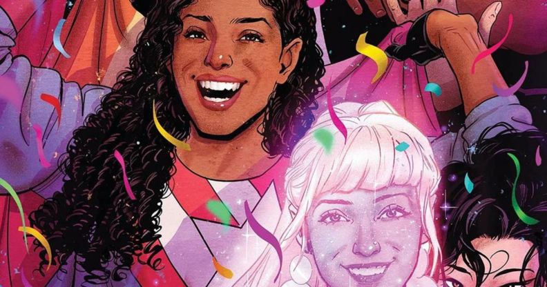 A group of illustrated people smile surrounded by confetti.