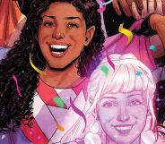 A group of illustrated people smile surrounded by confetti.