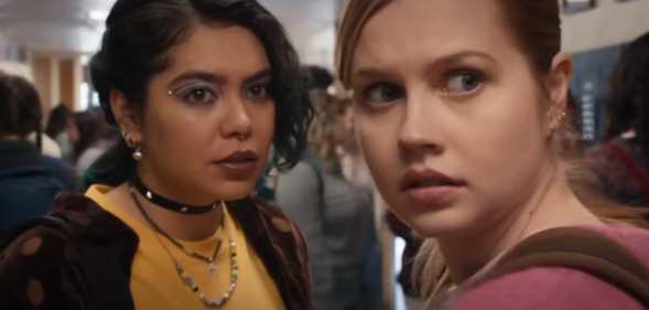 Still from Mean Girls (2024) of Angourie Rice as Cady and Auli'l Cravalho as Janis