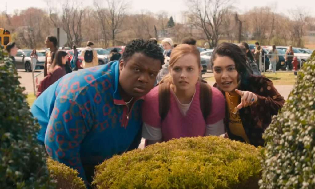 Still from Mean Girls (2024) of Angourie Rice as Cady, Auli'l Cravalho as Janis, and Jaquel Spivey as Damian.