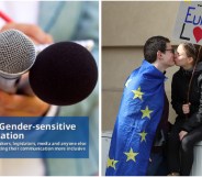 Image shows the cover of the gender-sensitive language toolkit on the left, and a couple kissing while wearing an EU flag on the right