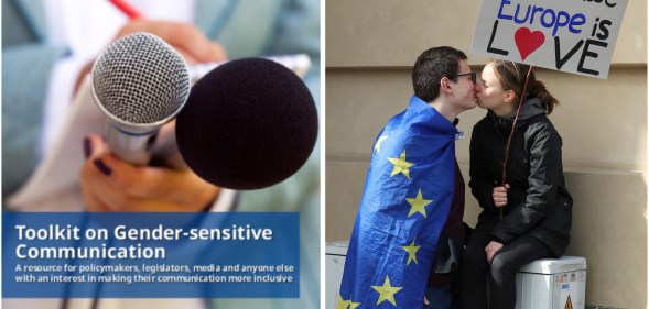 Image shows the cover of the gender-sensitive language toolkit on the left, and a couple kissing while wearing an EU flag on the right