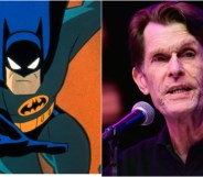 Split image, on the left is a cartoon image of Batman, as voiced by Kevin Conroy. On the right, Kevin Conroy speaks at a panel sitting in front of a microphone. He is an older man with dark hair.