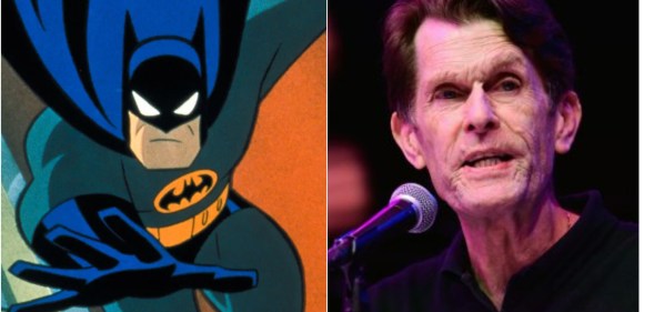 Split image, on the left is a cartoon image of Batman, as voiced by Kevin Conroy. On the right, Kevin Conroy speaks at a panel sitting in front of a microphone. He is an older man with dark hair.