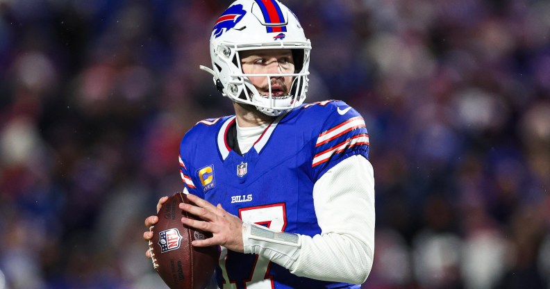 ORCHARD PARK, NY - JANUARY 21: Josh Allen #17 of the Buffalo Bills drops back to pass during an NFL divisional round playoff football game against the Kansas City Chiefs at Highmark Stadium on January 21, 2024 in Orchard Park, New York.