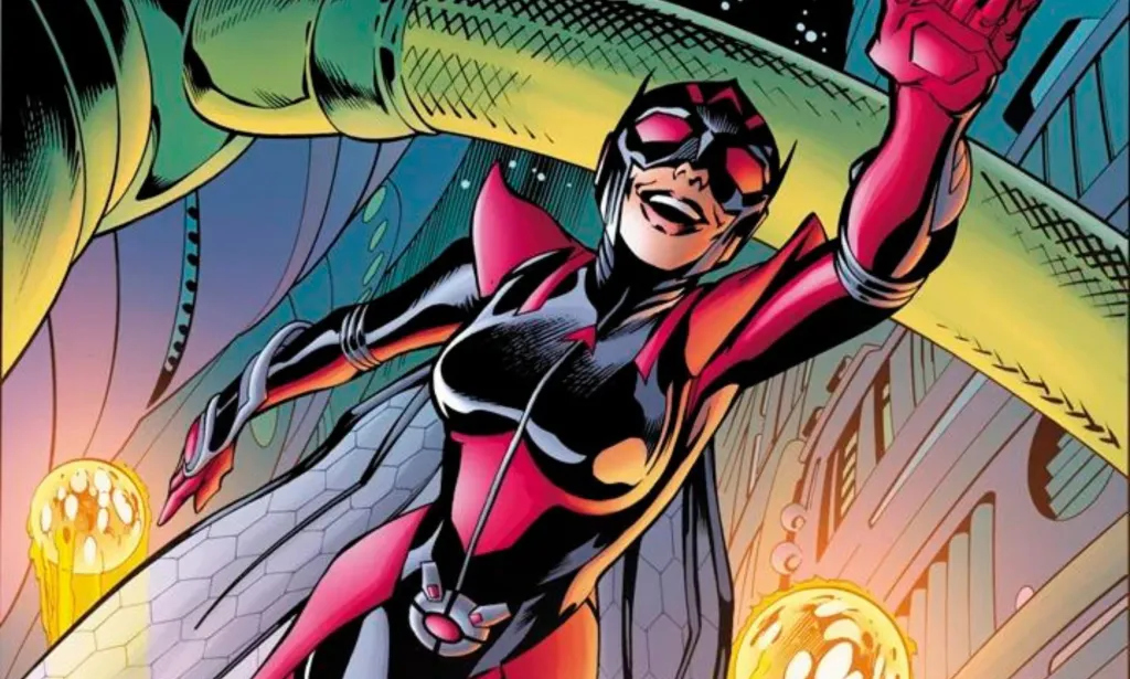An illustrated picture of Nadia Van Dyne flying through a city.