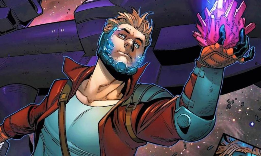 Peter Quill illustrated holding a crystal in space.