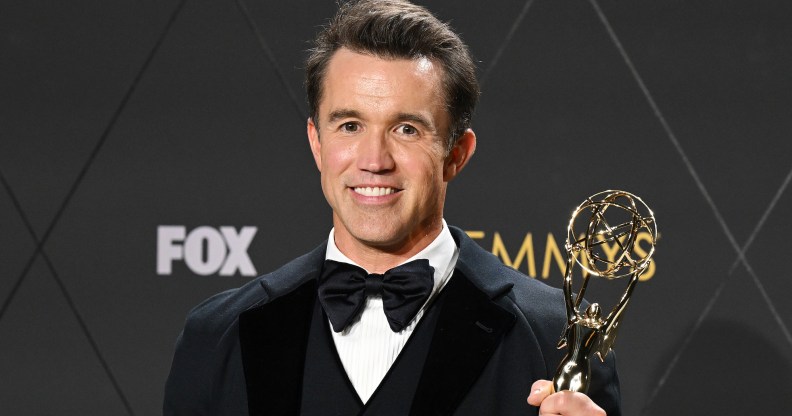 Rob McElhenney pictured holding an Emmy award in 2024