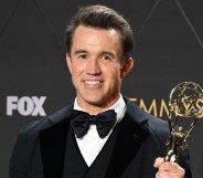 Rob McElhenney pictured holding an Emmy award in 2024