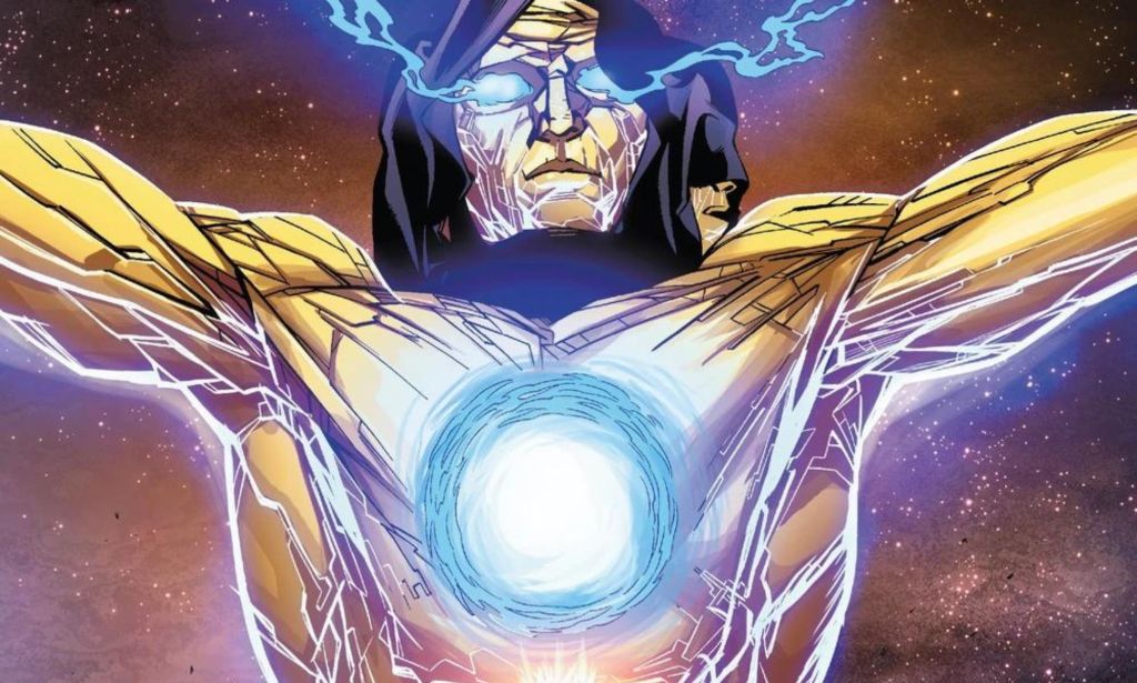 An illustrated image of The Living Tribunal with its arms raised.