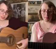 A split image of Marlene holding a guitar and singing.