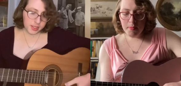A split image of Marlene holding a guitar and singing.