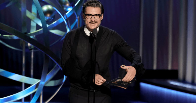 Pedro Pascal presented the award on 15 January, but took a moment to discuss the injury which had left him in a sling. (Kevin Winter / Staff / Getty)