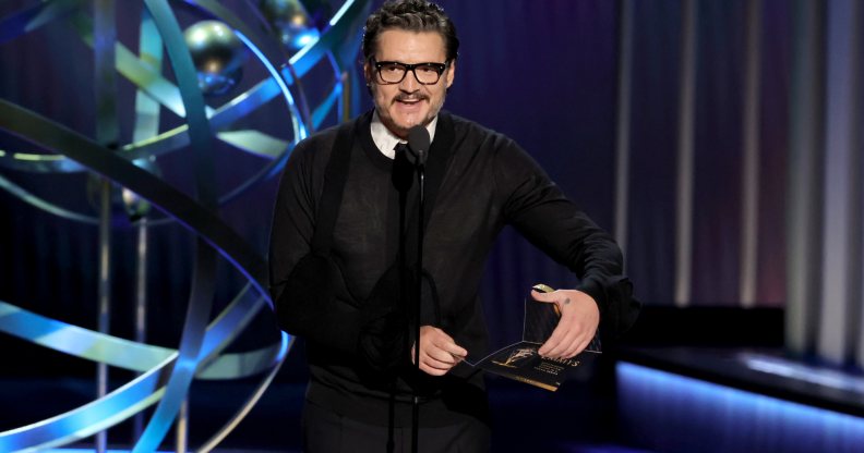 Pedro Pascal presented the award on 15 January, but took a moment to discuss the injury which had left him in a sling. (Kevin Winter / Staff / Getty)