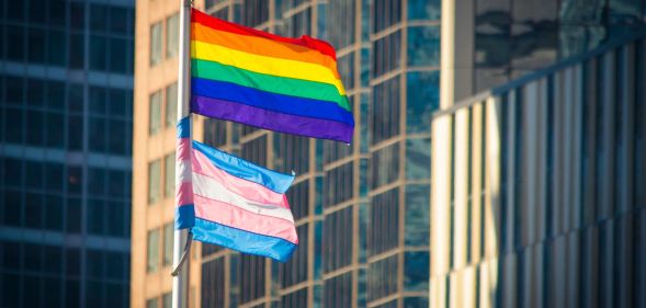 Trans flag and rainbow LGBTQ+ flag waving on a pole