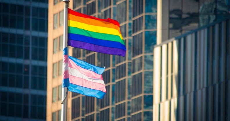 Trans flag and rainbow LGBTQ+ flag waving on a pole
