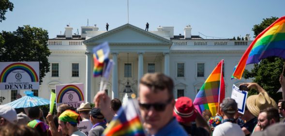 Demonstrators march past the White House during the Equality March for Unity and Peace on June 11, 2017 in Washington, DC